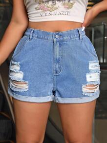SHEIN EZwear Shorts Denim Plus Size, lavagem azul clara, rasgada com bainha dobrada - Lavagem clara - Visão 1