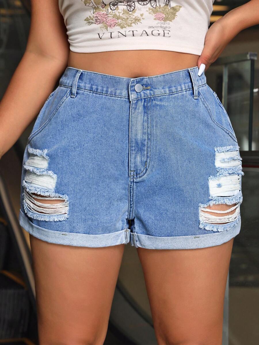 SHEIN EZwear Shorts Denim Plus Size, lavagem azul clara, rasgada com bainha dobrada - Lavagem clara - Visão 1