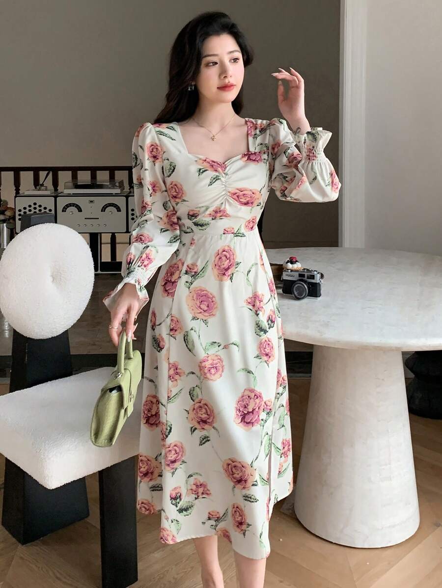 DAZY Vestido largo de línea A con cuello de corazón, manga larga y estampado floral para vacaciones de primavera/otoño para mujeres - Rosa Oxidada - Ver 1