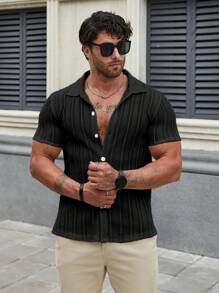 Áo sơ mi nam tay ngắn màu trơn, mặc thường ngày, xuân/hè - màu đen - Xem 5