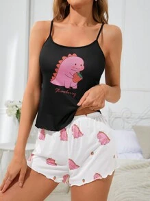 Size-Coded Strawberry And Little Dinosaur Patterned Camisole Women Pajama Set - Multicolor - View 4