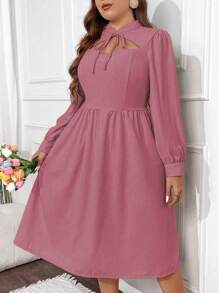 SHEIN Unity Plus Solid Color Romantic Long Sleeve Hollow Out Dress - Pink - View 5