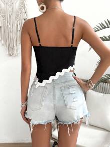 SHEIN VCAY Summer Asymmetrical Hem Spaghetti Straps Contrast Lace Black Tank Top - Black - View 2