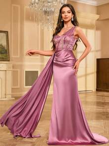 Sequin Patchwork Satin Floor Length One Shoulder Formal Dress - Pink - View 5