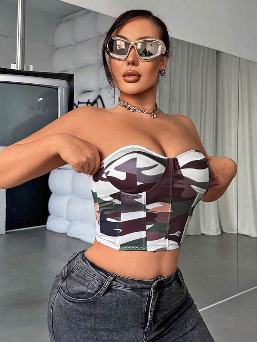 SHEIN SXY Women Fashionable Asymmetrical Print Short Strapless Top For Summer - Multicolor - View 1