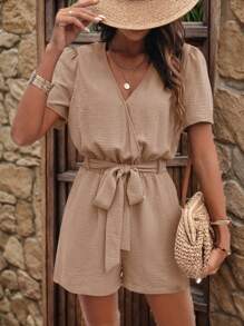 SHEIN Frenchy Áo liền quần thắt nơ màu trơn, thích hợp cho mùa hè và kỳ nghỉ - Màu be - Xem 1