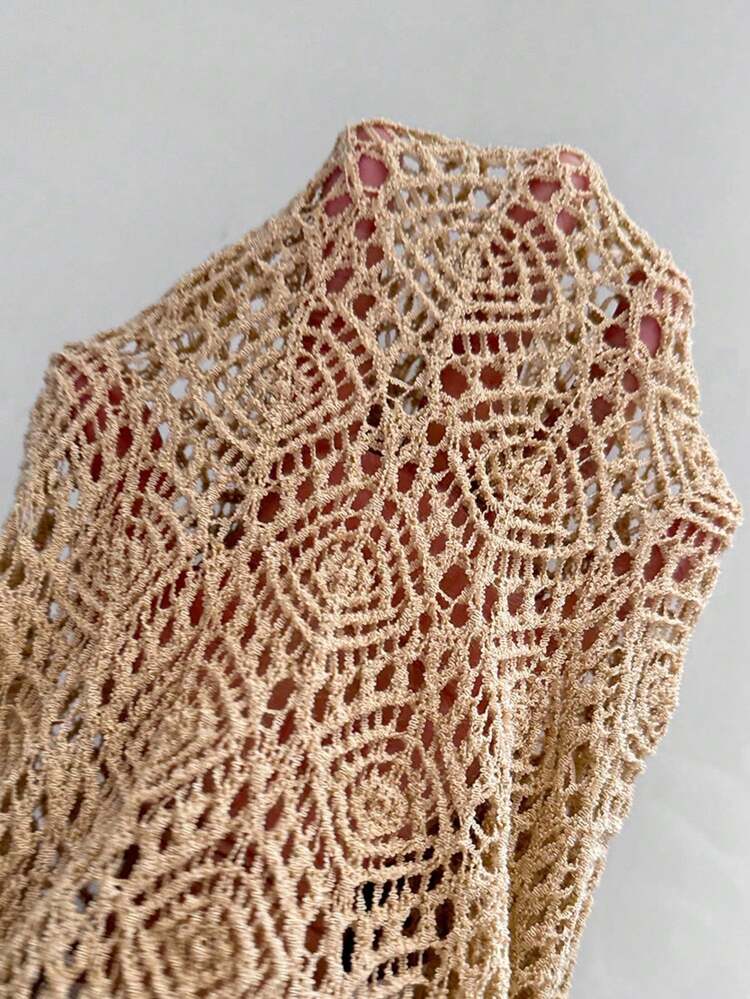 Solid Color Hollow Out Knitted Halter Top And Fringe Hem Sweater Skirt