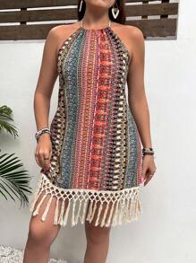 SHEIN VCAY Plus Size Halter Neck Tassel Hem Full-Printed Beach Vacation Summer Boho Dress,Beach Dress Sundress,Holiday Outfits