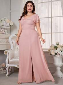 Plus Size Pink V-Neck Ruffle Chiffon Bridesmaid Dress - Pink - View 3