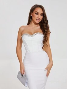 全新水钻装饰露肩绷带紧身连衣裙，露背，时尚性感派对礼服，礼服 - 白色 - 查看 5