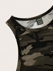 SHEIN EZwear 休闲简约橄榄绿迷彩印花圆领修身夏季女式背心