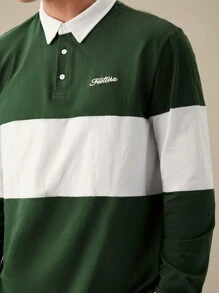 Manfinity VCAY Camisa polo vintage de manga larga de dos tonos con botones hasta la mitad y bloqueo de color, bordado de letra de algodón para hombre, regalo para novio, regreso a la escuela - Multicolor - Ver 2