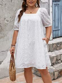SHEIN LUNE Đầm ngắn tay trơn có kích thước lớn thêu Burnout - trắng - Xem 6