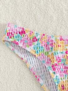 SHEIN Swim 夏季海灘花卉印花高腰收摺比基尼下擺 - 彩色 - 查看 4