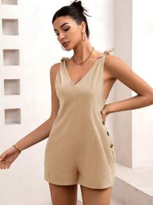 SHEIN Essnce Bộ áo liền quần không tay cổ chữ V màu trơn cho nữ Quần áo mặc ở nhà - Màu Khaki - Xem 3