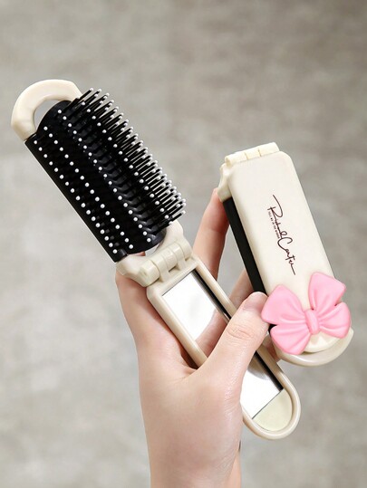 Kawaii 1pc Beige Bowknot Design Mirror Comb With Air Cushion