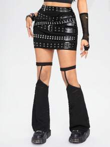 ROMWE Grunge Punk 女性鑲釘腰帶修身迷你裙 - 黑色 - 查看 1