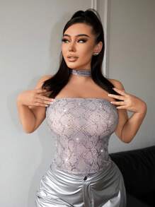 SHEIN SXY x STAS Women Summer Snake Print Patchwork Sparkly Halter Slim Fit Top, Suitable For Parties - Multicolor - View 5