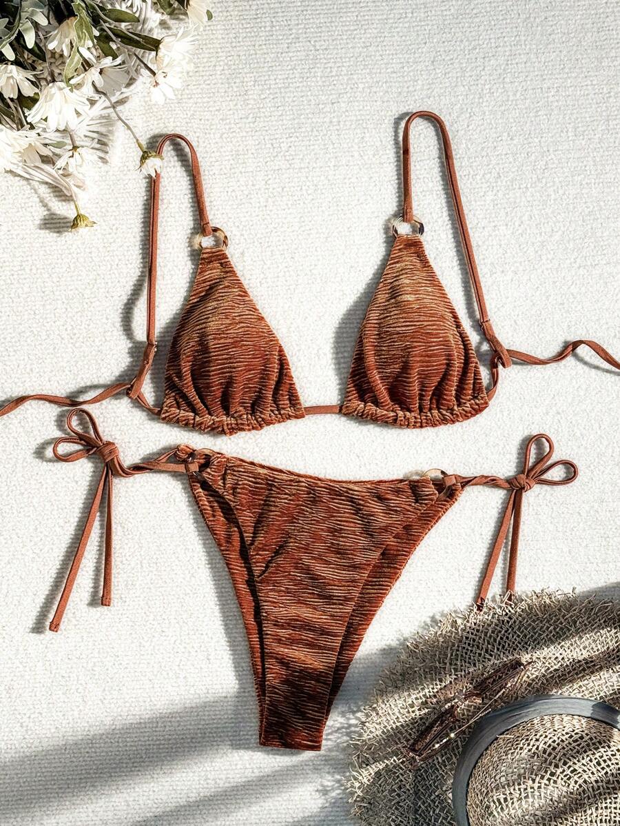 SHEIN Swim Summer Beach Resort Spaghetti Strap Bra & Swim Bottom Bikini Set Bathing Suit - Brown - View 1