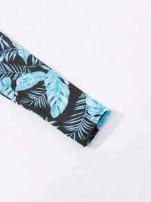 SHEIN Leap Crew Tween Girl Random Printed Splice Design Contrast Splice Insert Sleeve Tight Swimwear 2 Pieces Set, Suitable For Summer/Beach - Black - View 4