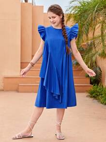 SHEIN 少女蓝色编织连衣裙，带短袖、不对称荷叶边细节和 A 字形 - 藍色 - 查看 7