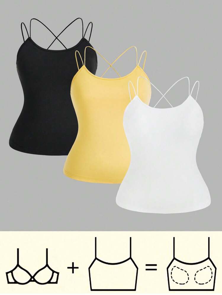 Plus Size 3pcs Camisole Tank Tops With Built-In Bra