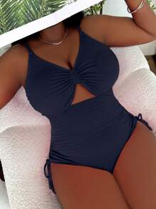 Slaydiva Traje de baño de una sola pieza de talla grande para playa en verano, de unicolor texturizado con cordón ajustable, ideal para atuendos de vacaciones - Azul Marino - Ver 3