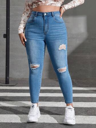 SHEIN CURVE+ 女式加大码弹力蓝色破洞紧身牛仔裤