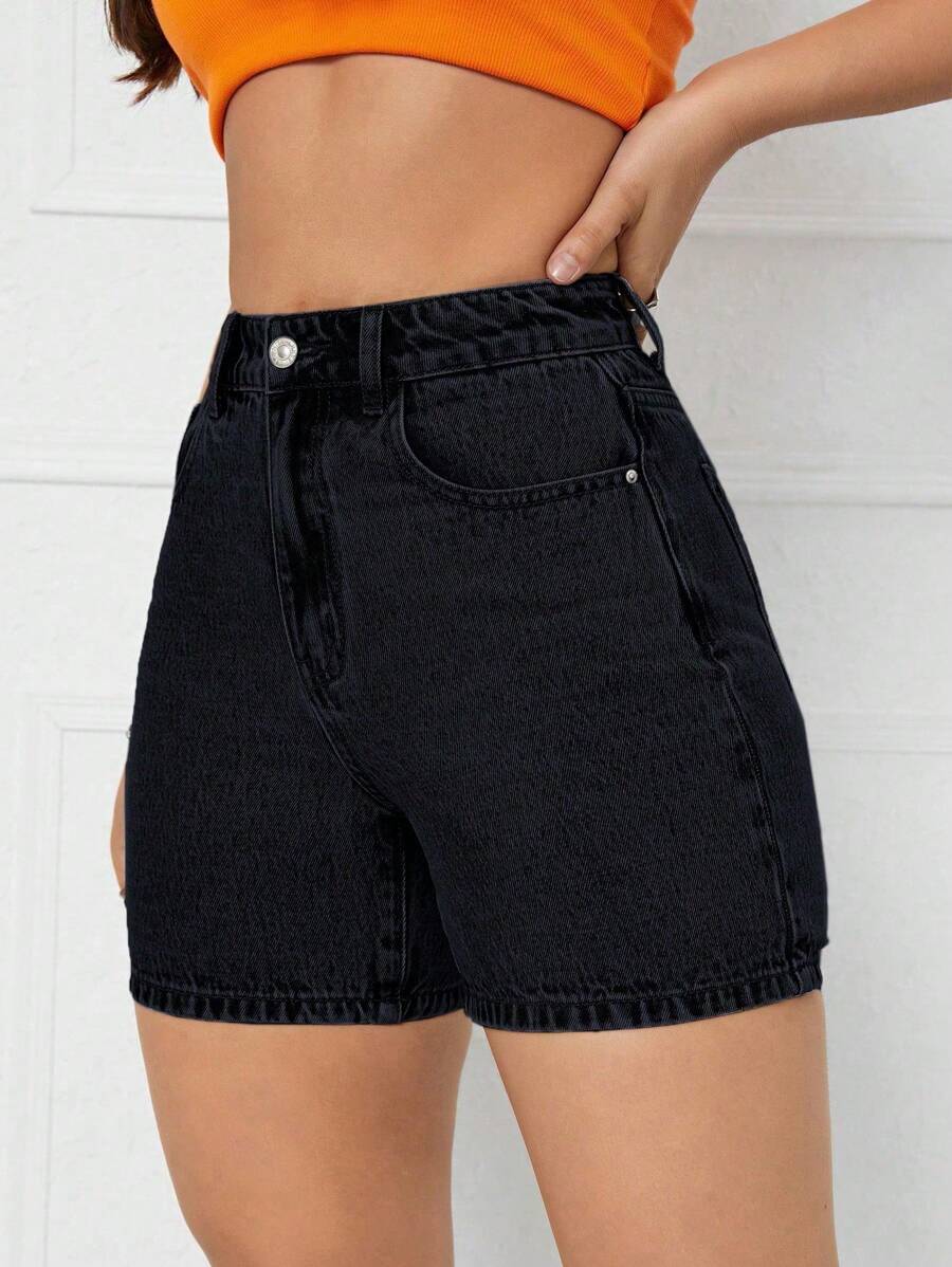 SHEIN Privé Quần short denim mùa hè màu trơn thời trang dành cho nữ, phong cách phù hợp - màu đen - Xem 1