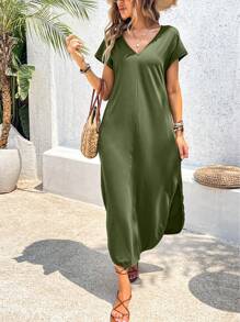 SHEIN Holidaya 女士時尚夏季V領寬鬆長裙 - 軍綠色 - 查看 3