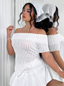 SHEIN ICON Plus Size Summer Solid Color Off Shoulder Texture Asymmetrical Hem Short Sleeve T-Shirt