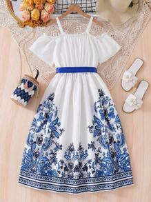 Vestido blanco elegante de tirantes finos para adolescente con diseño de flores azules y blancas, perfecto para vacaciones y actividades al aire libre - Azul y blanco - Ver 2