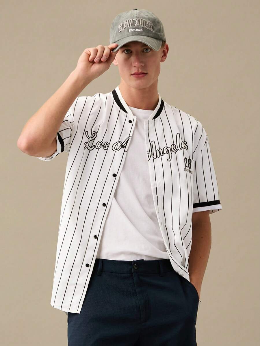 Manfinity VCAY Loose Fit Men Striped & Letter Graphic Patched Detail Shirt - White - View 1