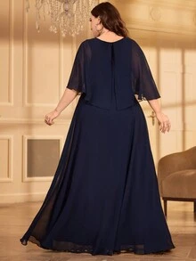 Deep V-Neck Sequin Batwing Sleeve Chiffon Formal Evening Gown - Navy Blue - View 2