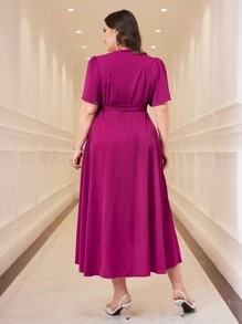 Modelyn 时尚不对称下摆 V 领长款大码女士连衣裙、婚礼宾客礼服长款晚礼服 - 玫紅色 - 查看 3
