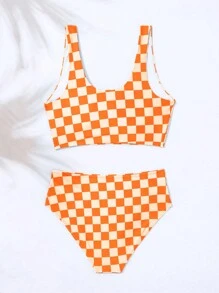 SHEIN Swim Women Checkered Print Square Neck Underwire Bikini Set For Summer Beach