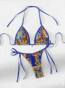 Swim Vcay Summer Beach Women Vacation Floral Print Halter Neck Tie Bikini Set Random Print