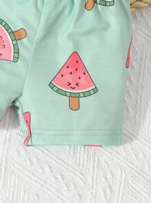 SHEIN Baby Boys' 2pcs Casual Watermelon Print Short Sleeve Bodysuit With Shorts Set, Home Clothes
