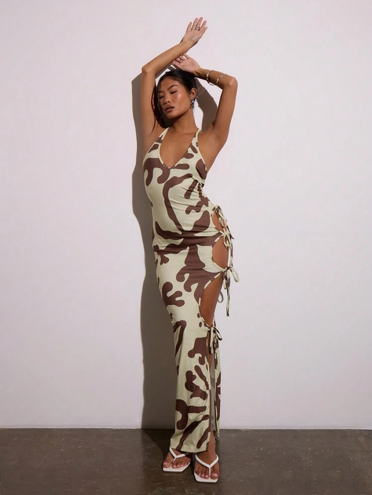 Maxi Tie Side Split Palm Print Dress Elegant Spring Summer Vacation Beach Long Dress