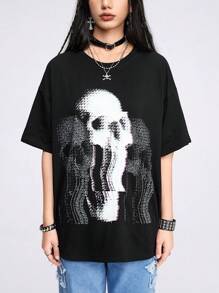 Smith Collective Loose Short Sleeve T-Shirt With Novelty Mosaic Skeleton Print Style - Black - View 3