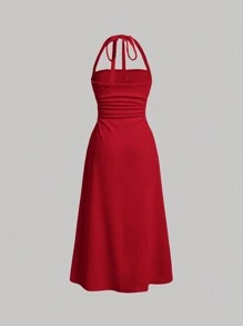 SHEIN MOD Vestido largo de unicolor rojo con cuello halter y pliegues para mujer - Rojo - Ver 2