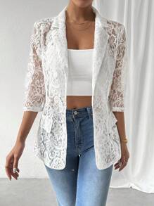 Chiquease Blazer de Encaje Primavera/Verano para Mujer con Cuello de Solapa, Transparente y con Mangas 3/4 - Beis - Ver 3