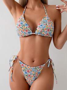 SHEIN Swim Women Ditsy Floral Print Halter Bikini Set For Summer Beach - Multicolor - View 4
