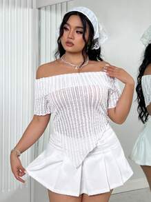 SHEIN ICON Plus Size Summer Solid Color Off Shoulder Texture Asymmetrical Hem Short Sleeve T-Shirt