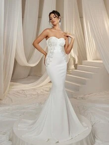 Faeriesty 新娘露肩美人鱼风格婚纱，适合女士穿着，带有精致的蕾丝装饰紧身胸衣和迷人的鱼尾轮廓，非常适合婚礼仪式、教堂婚礼、新娘肖像、正式招待会等！ - 白色 - 查看 7