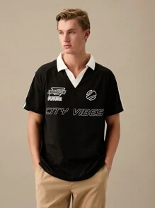 Manfinity RebelGame Men's Loose Knitted Casual Polo Shirt With Letter Print, 80S Color Block Collar Going Out  Polo Shirt, Back To School Clothes, Boyfriend Gift,Back To School