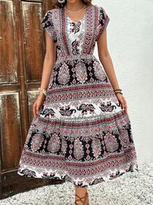 SHEIN VCAY Women Allover Printed V-Neck Summer Fashion Dress - Multicolor - View 4
