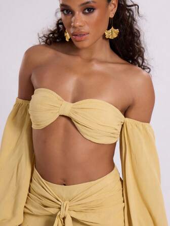 MUSERA 亚麻巴铎灯笼袖上衣度假春夏