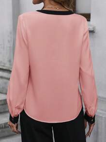 SHEIN Clasi Ladies" Color-Block Notched Collar Shirt With Contrast Trimmed Long Sleeves - Dusty Pink - View 2