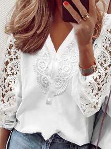 SHEIN LUNE Guipure Lace Insert Lantern Sleeve Blouse - White - View 1